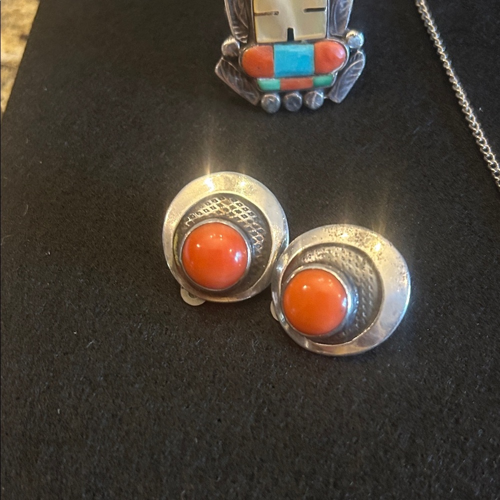 Vintage Native Silver and Coral Clip Earrings GVC